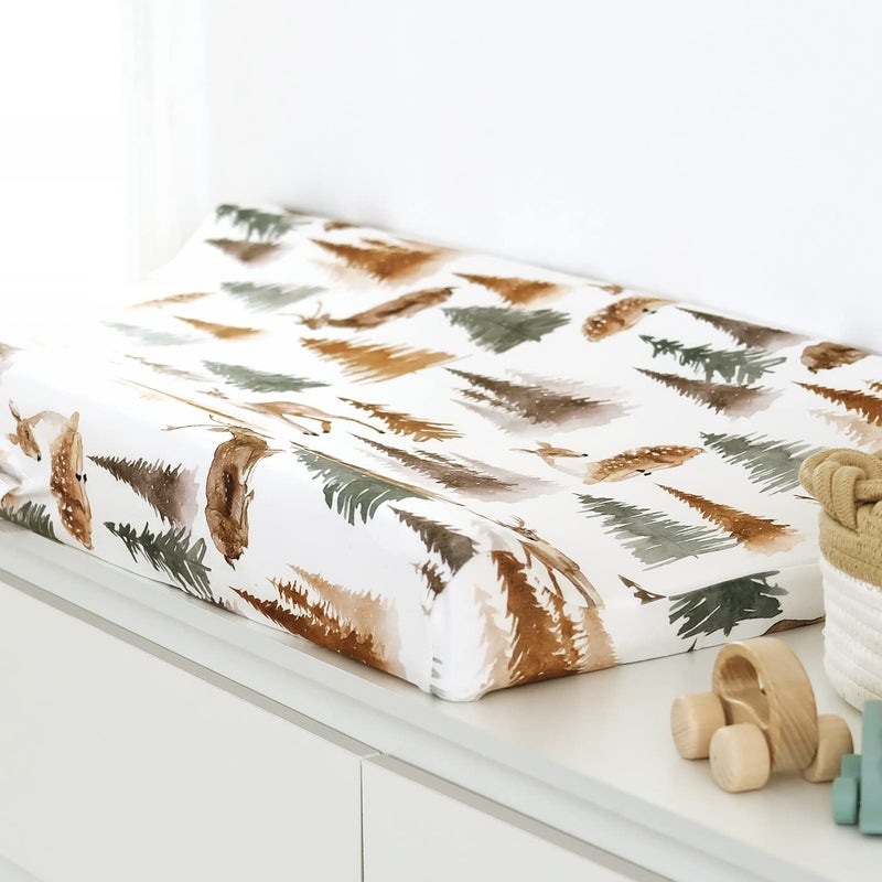 GRSSDER Stretch Ultra Soft Jersey Knit Changing Pad Cover Set 2 Pack, Change Table Pad Covers Fit 32"/34" x 16" Pads Safe and Snug, Stylish Jungle Deer Pattern for Baby - Image 2
